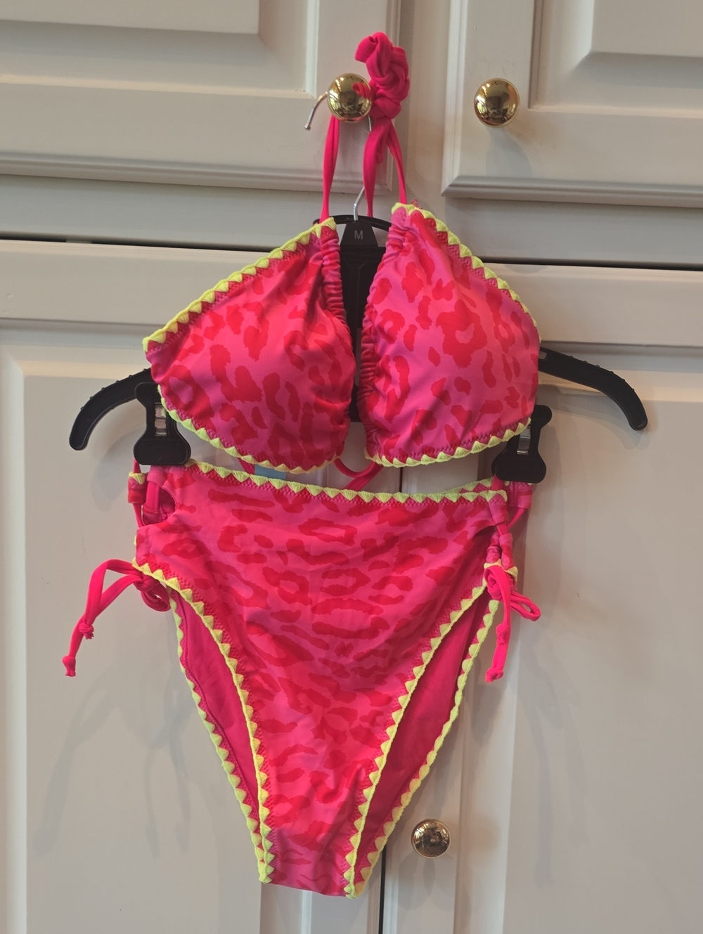 Neon Pink Animal-Print Women's Bikini with Yellow Trim